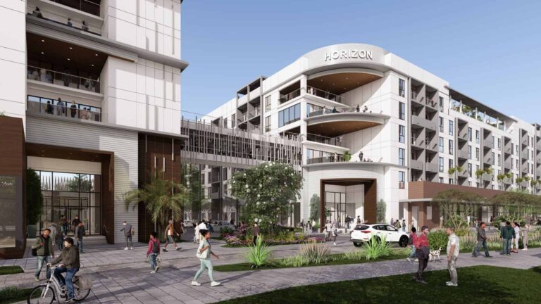 Rendering: Horizon of Oakland Park apartments front view with walkway bridge