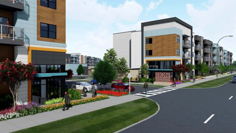Rendering: Lion Gardens Apartments community entrance with shopping