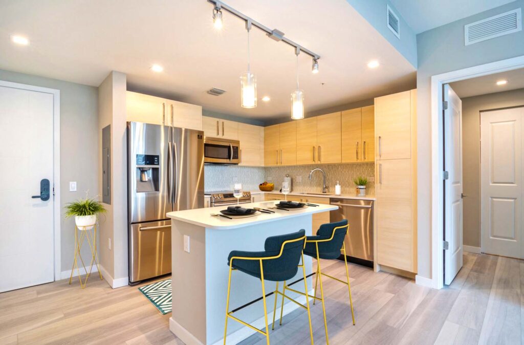 Modern apartment kitchen at The Rise Flagler Village