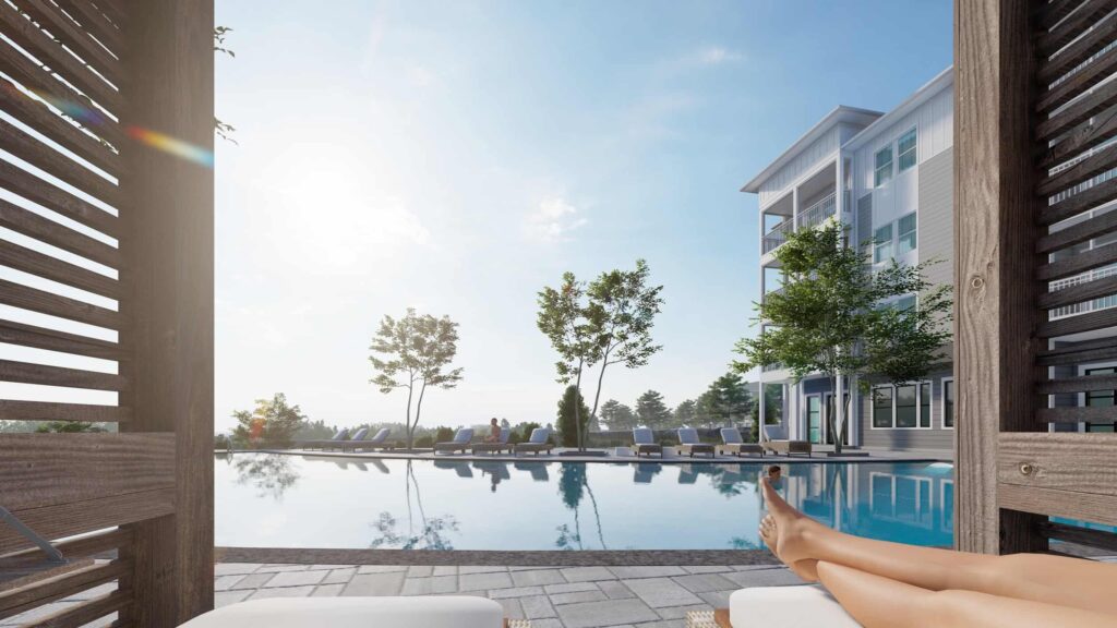 Rendering: Apartments and pool at Sentosa Pope Templeton near Lake Norman