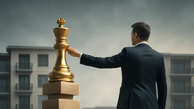Illustration of a businessperson balancing a chess king in front of apartment buildings